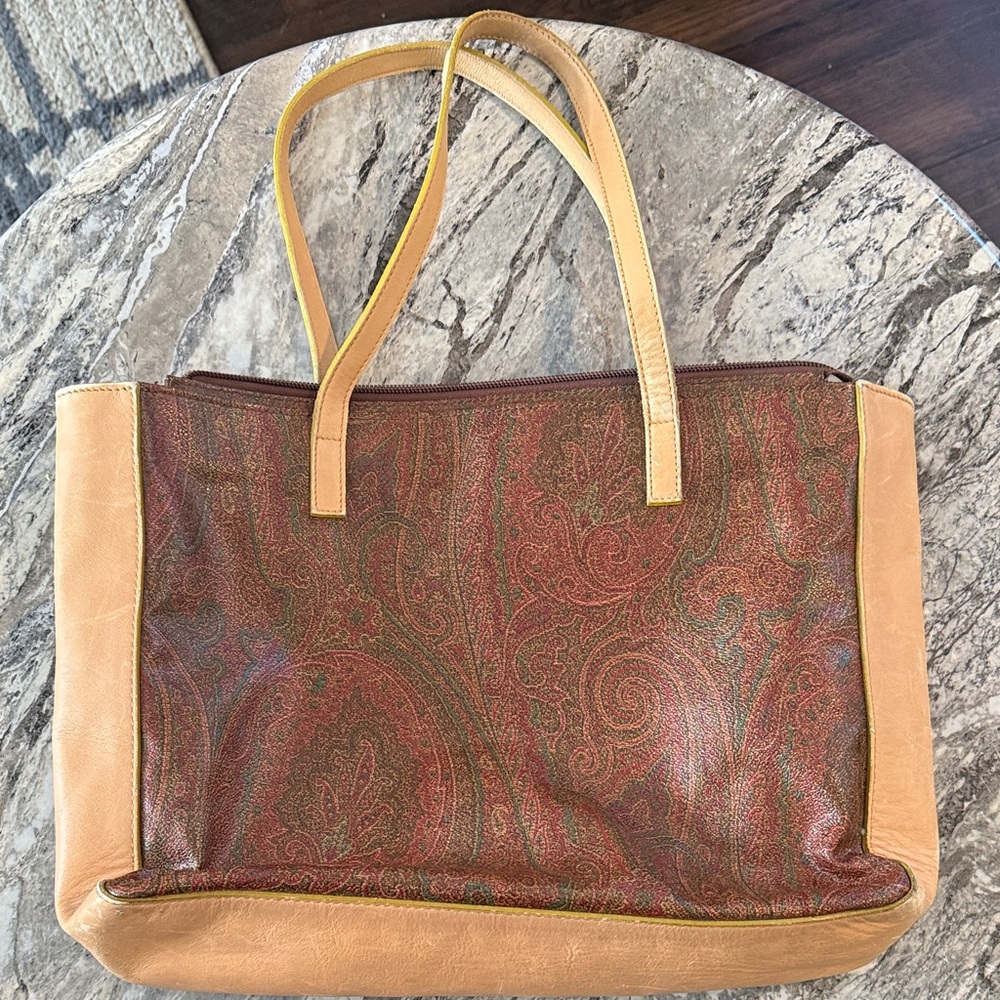 Etro Multicolor Paisley Tote with Tan Leather Trim